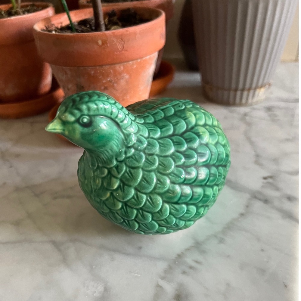 Vintage Green Ceramic Quail Figurine Glossy Embossed Feather Bird Statuette 5.5"